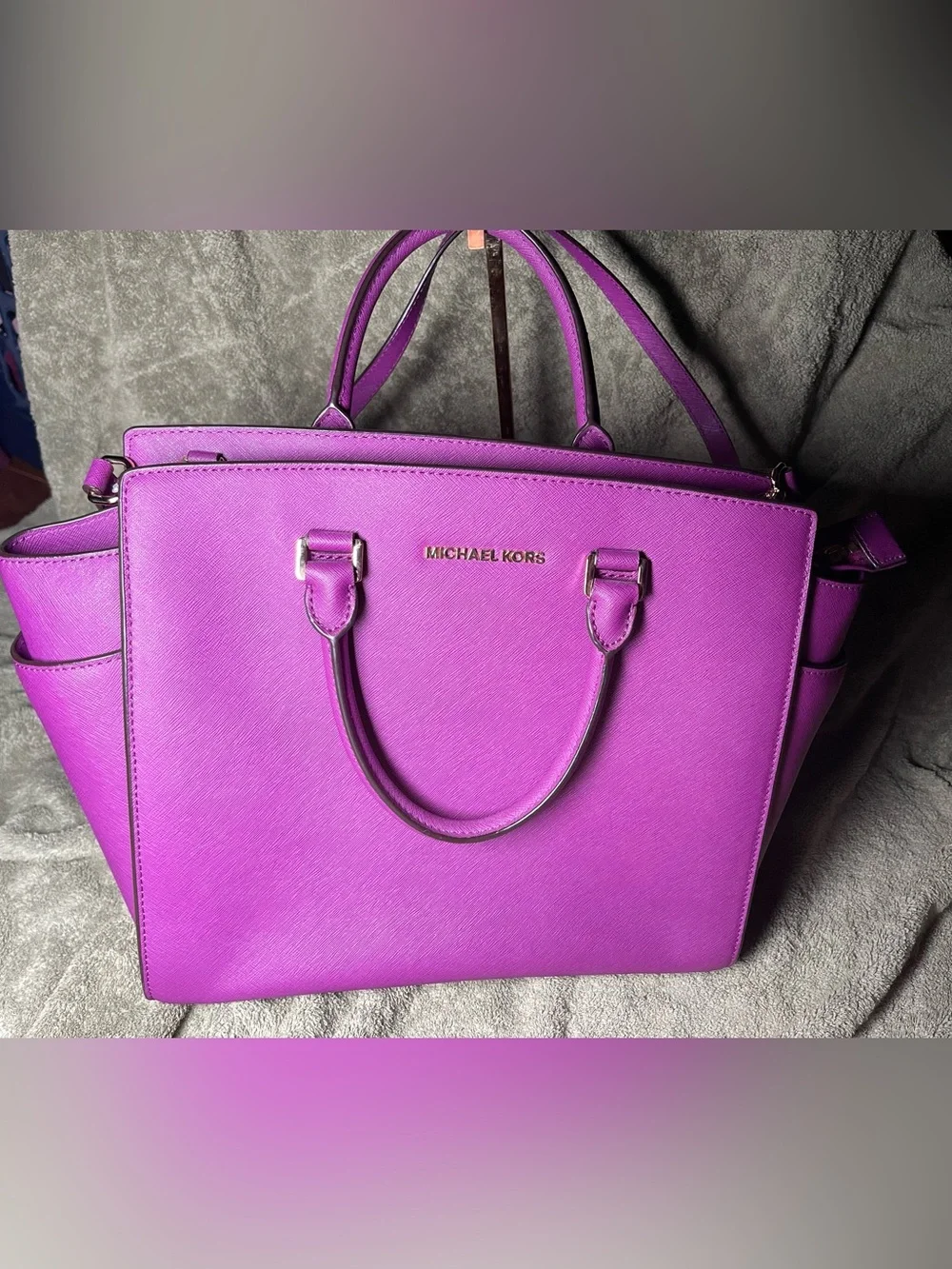 Michael Kors Purple Saffiano Leather Satchel with Gold Hardware